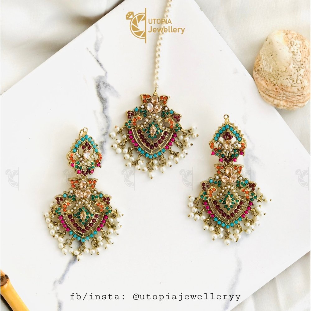 Zircon Nauratan Earrings With Mang Tikka