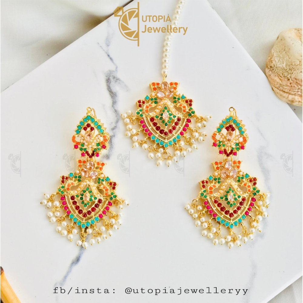 Zircon Nauratan Earrings With Mang Tikka